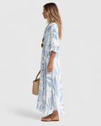 Maya Casual Summer Leaf Print Maxi Shirt Dress