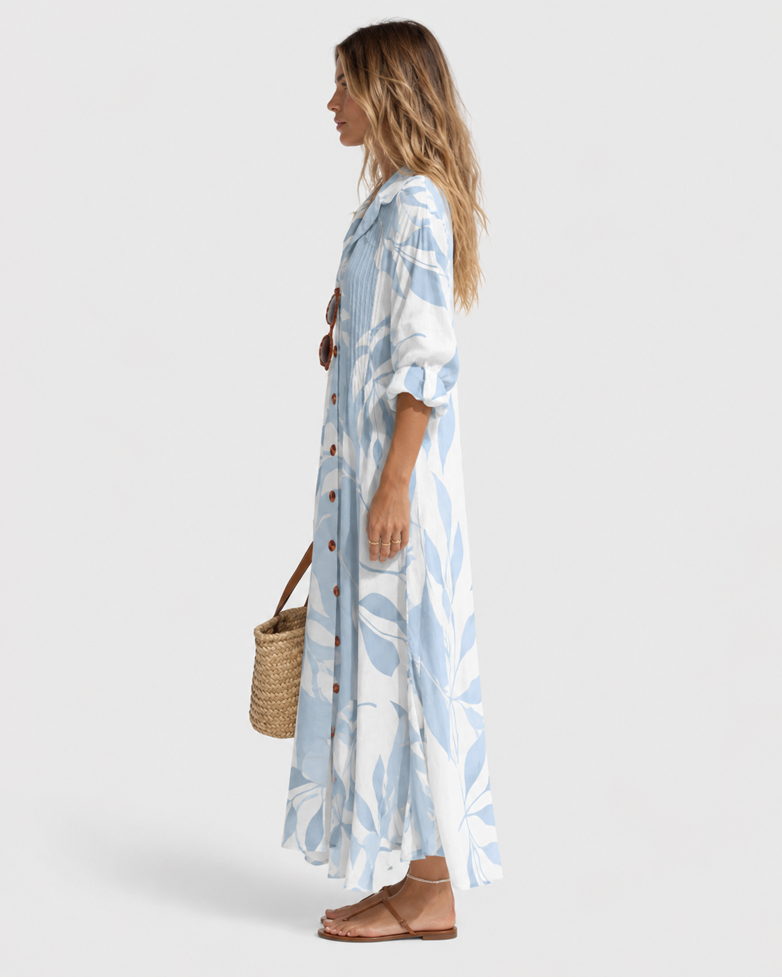 Maya Casual Summer Leaf Print Maxi Shirt Dress