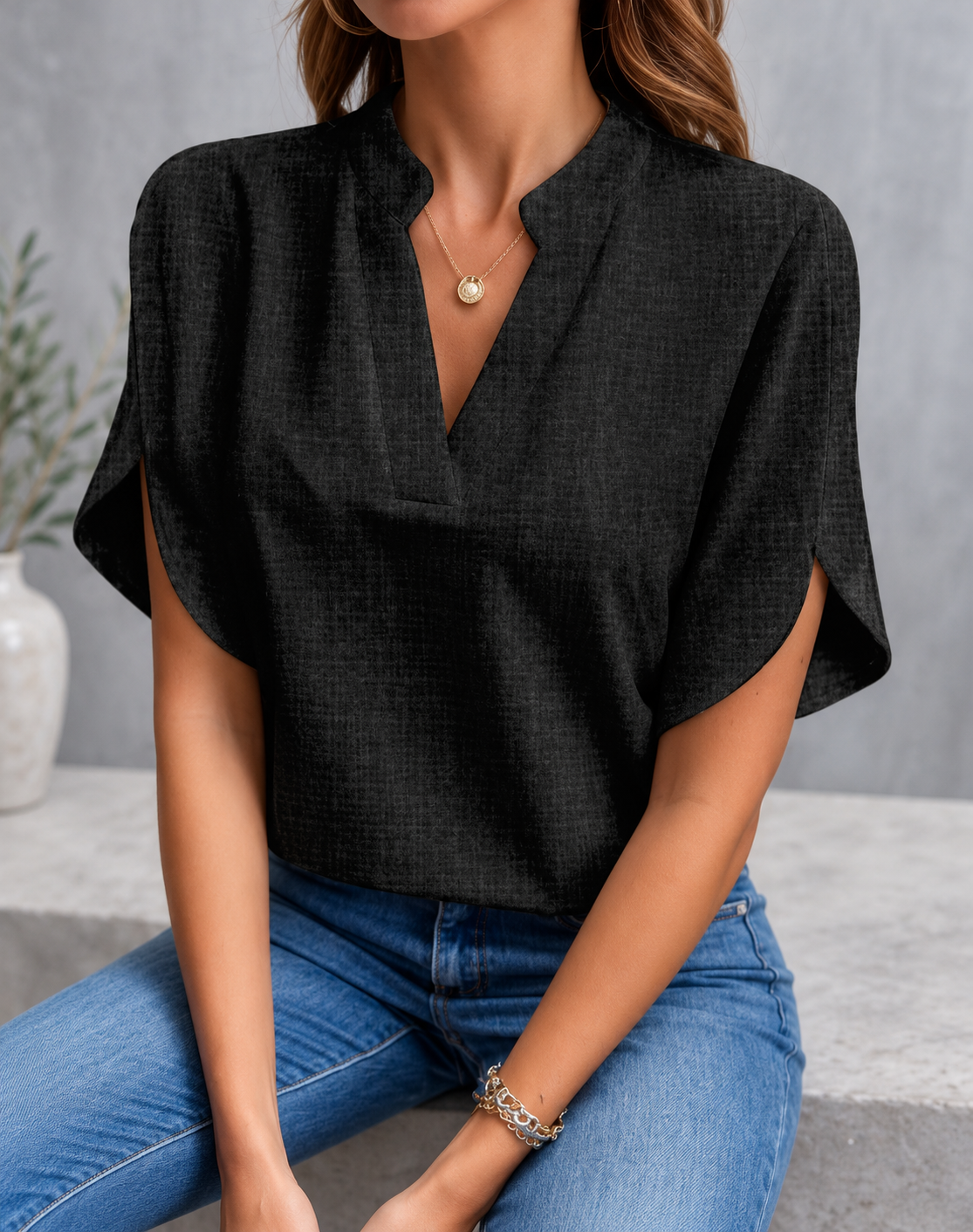Celeste Chiffon V-Neck Short Sleeve Blouse