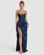 Vivienne Satin Side Split Navy Maxi Dress