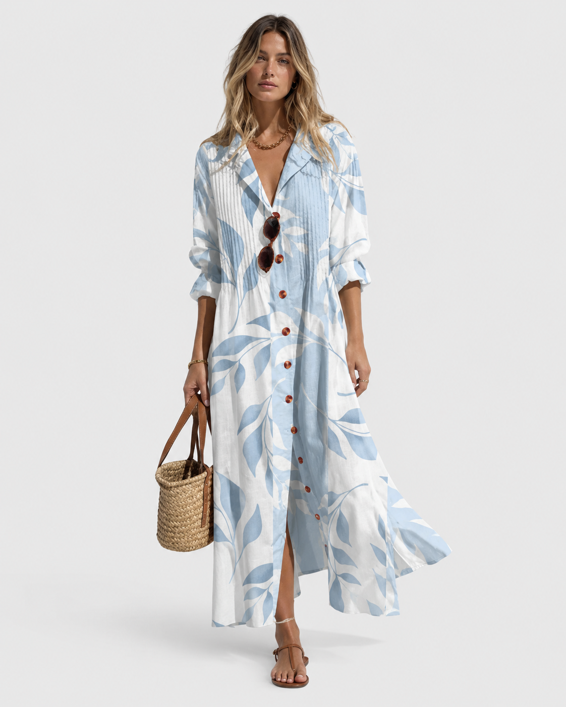 Maya Casual Summer Leaf Print Maxi Shirt Dress