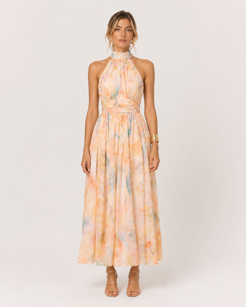 Elise Pleated Floral Halter Maxi Dress