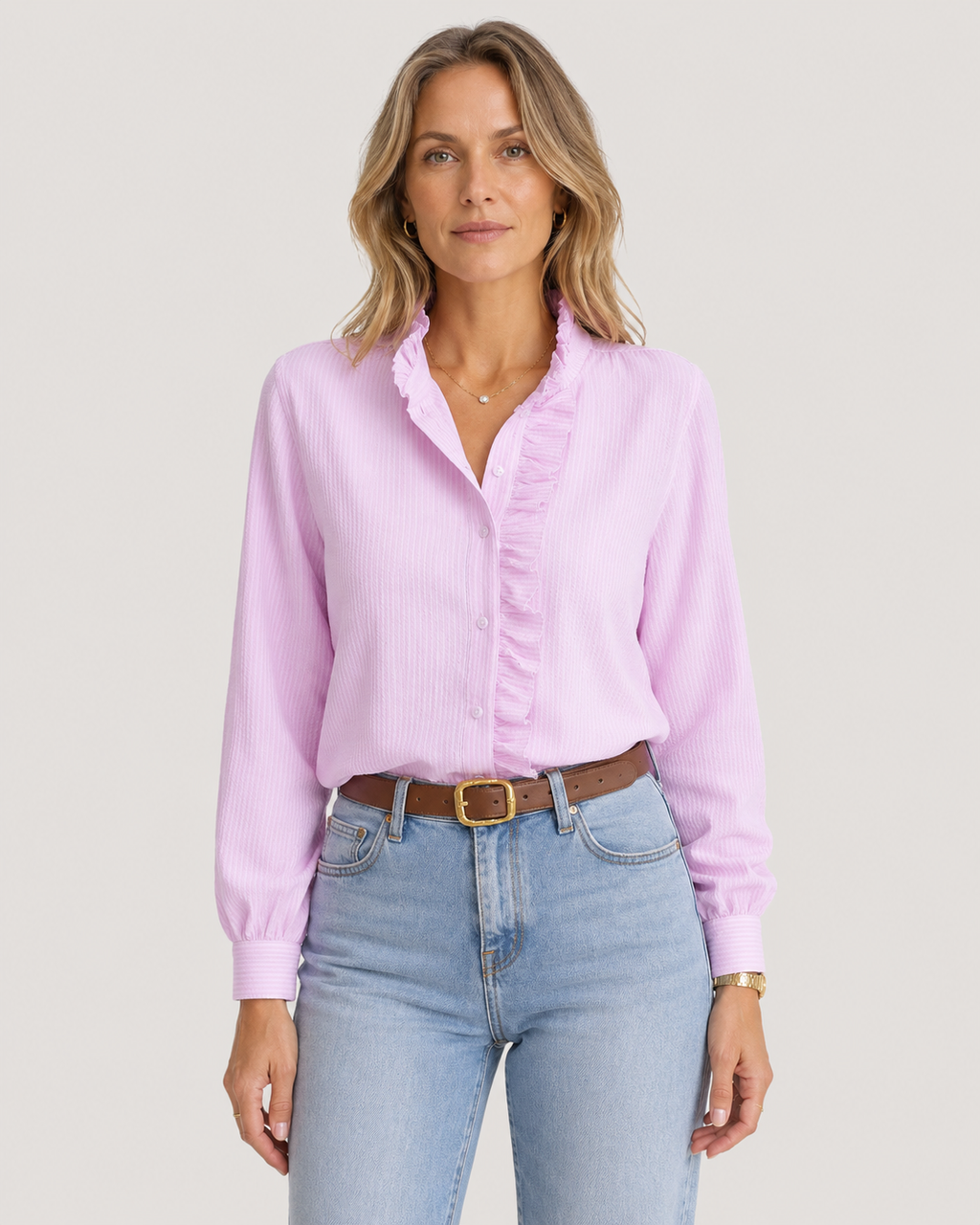 Camille Ruffle-Front Long-Sleeve Blouse
