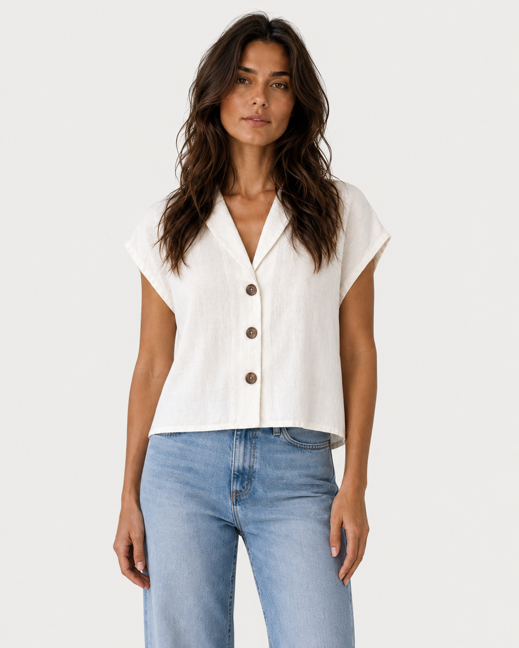 Bianca Relaxed Linen V-Neck Button Blouse