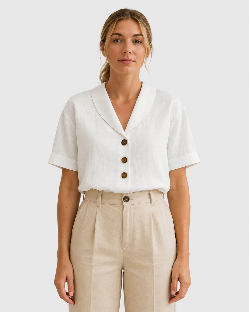 Freya Linen-Look Short Sleeve Lapel Blouse