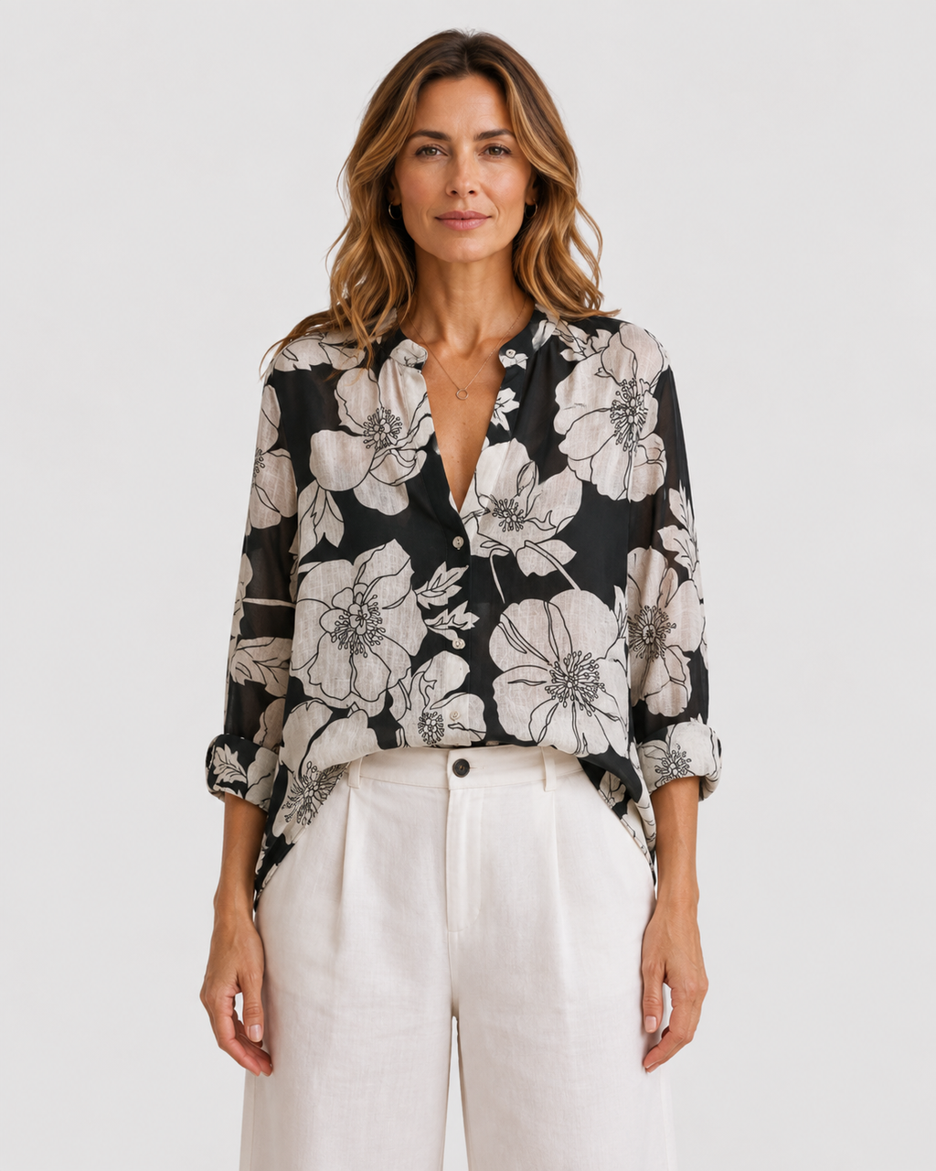 Clara Long Sleeve Cotton-Linen Button-Down Blouse
