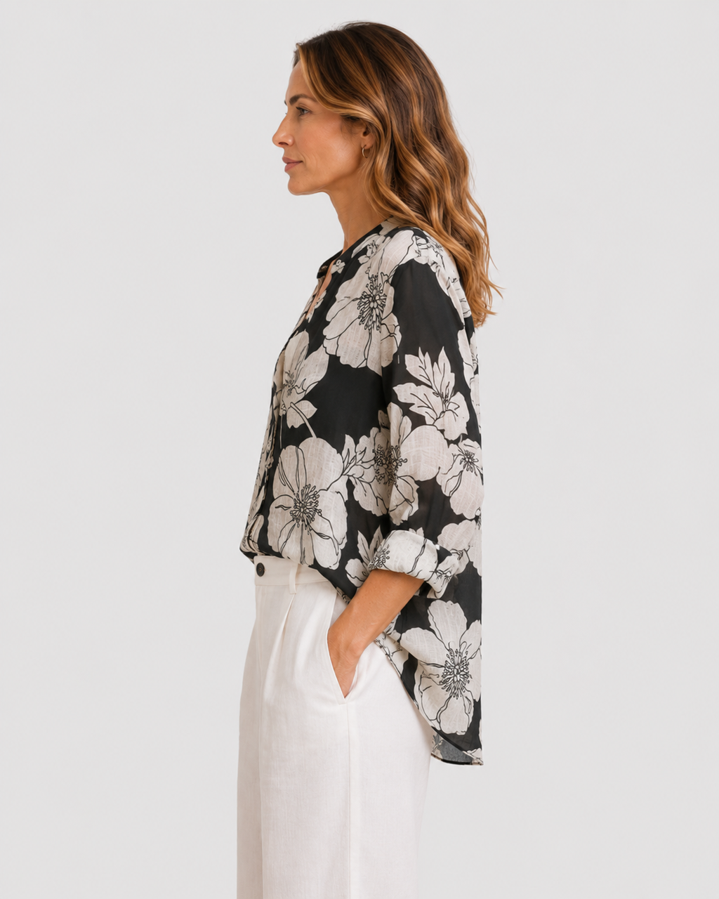 Clara Long Sleeve Cotton-Linen Button-Down Blouse
