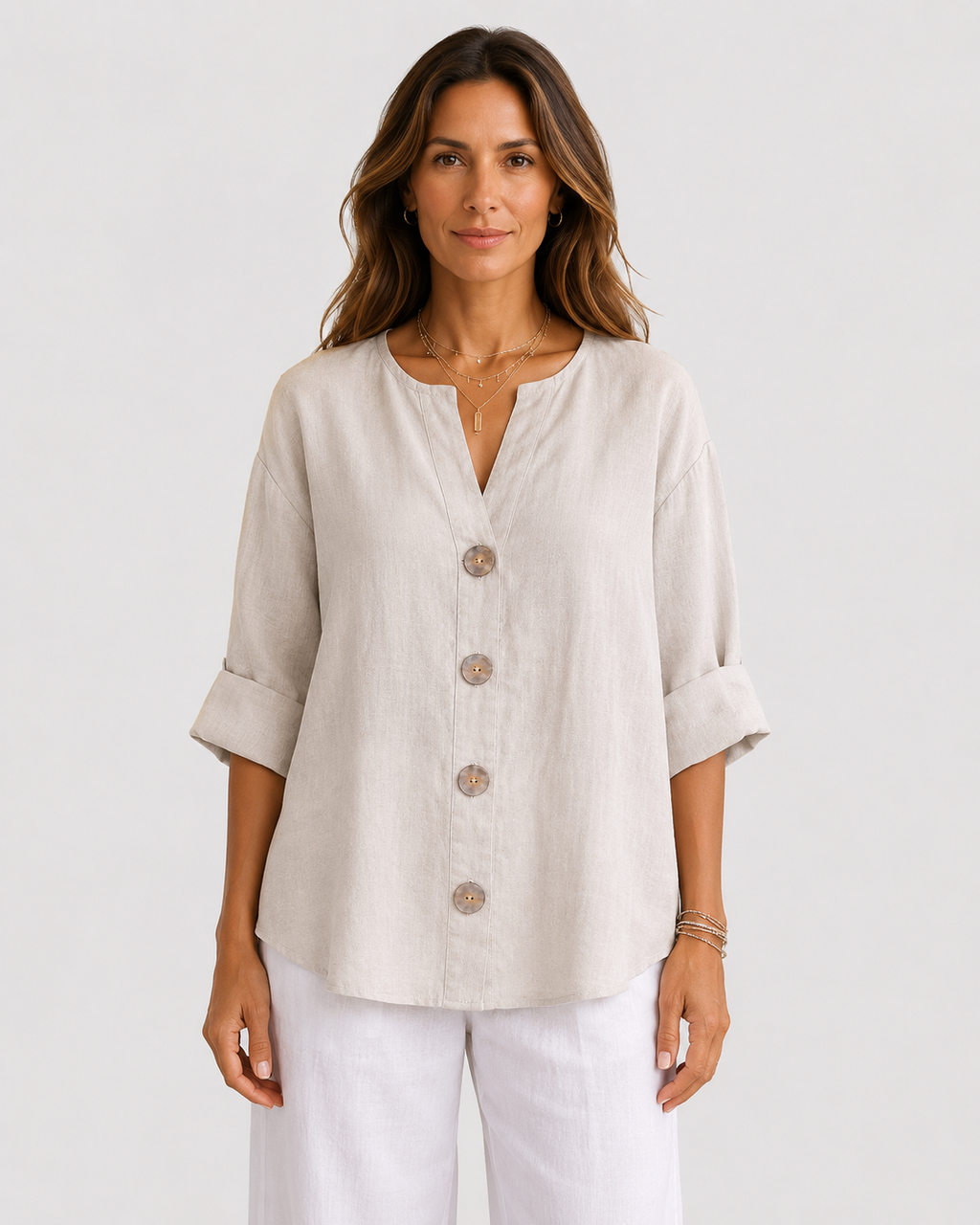 Elodie V-Neck Cotton-Linen Button-Front Blouse