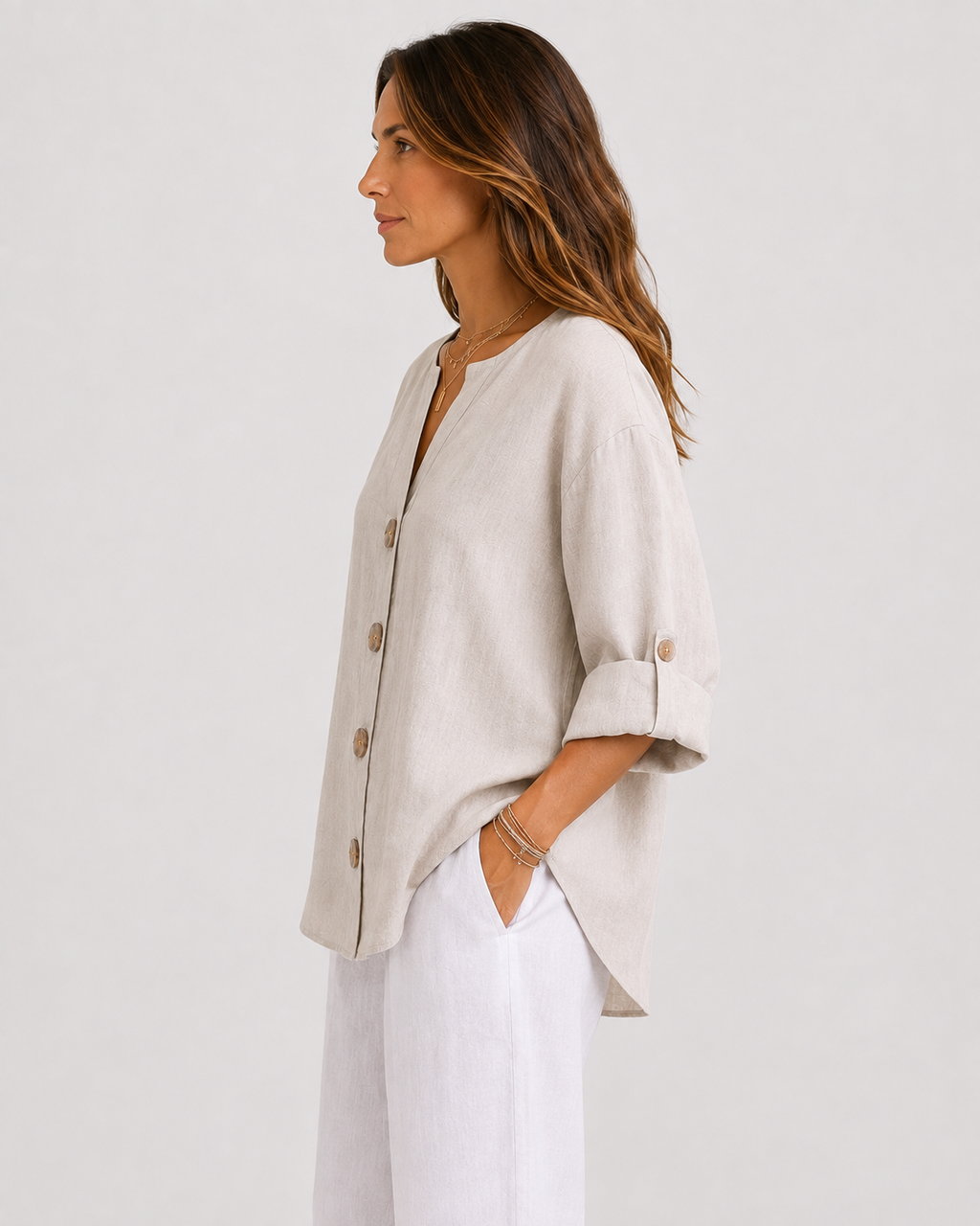 Elodie V-Neck Cotton-Linen Button-Front Blouse
