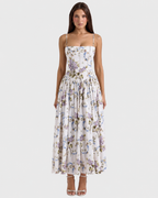 Genevieve Pleated Strapless Sweetheart Midi Dress