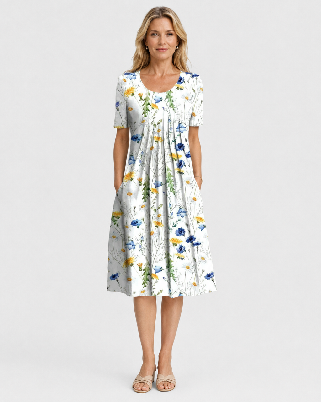 Iris Floral Pleated Short Sleeve Midi Dress