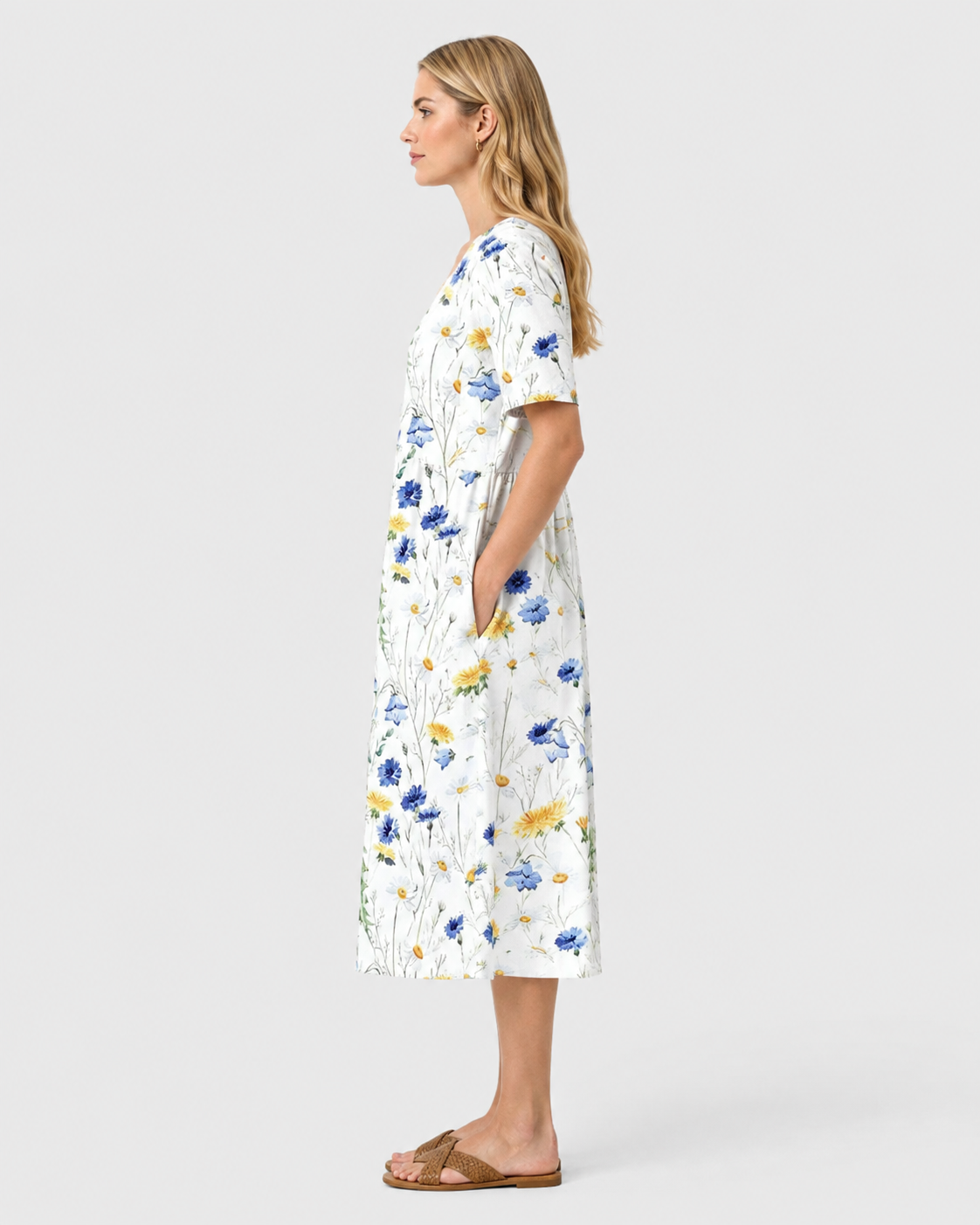 Iris Floral Pleated Short Sleeve Midi Dress