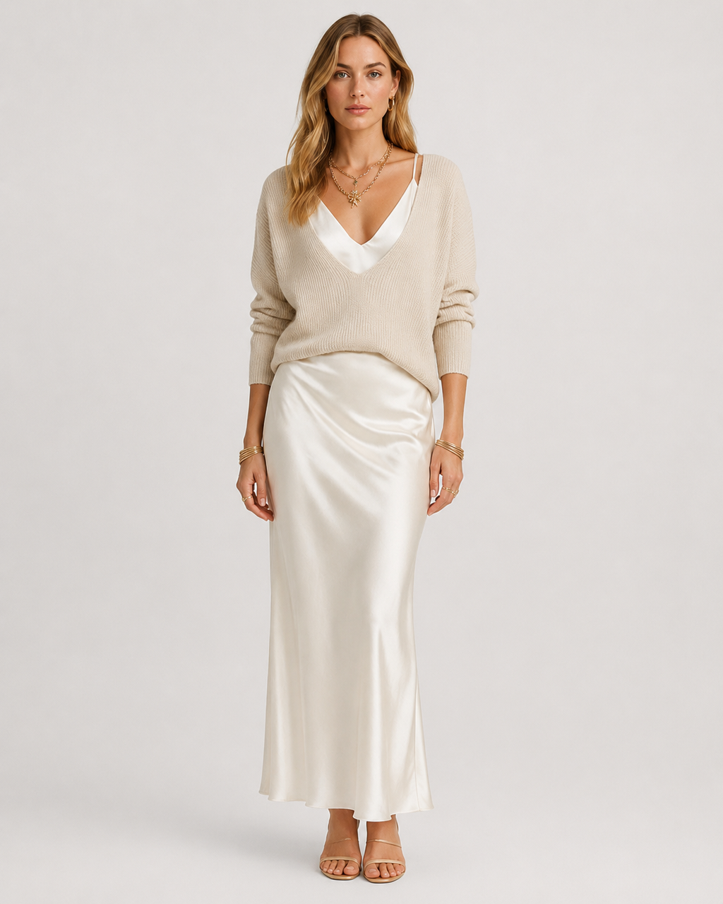 Elodie Satin Midi Dress and Knit Set