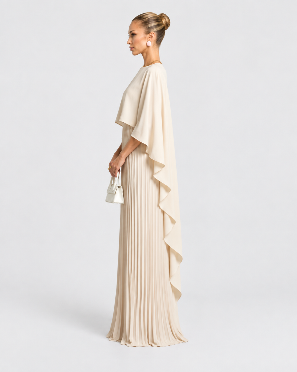 Geneva Cape Overlay Pleated Maxi Dress
