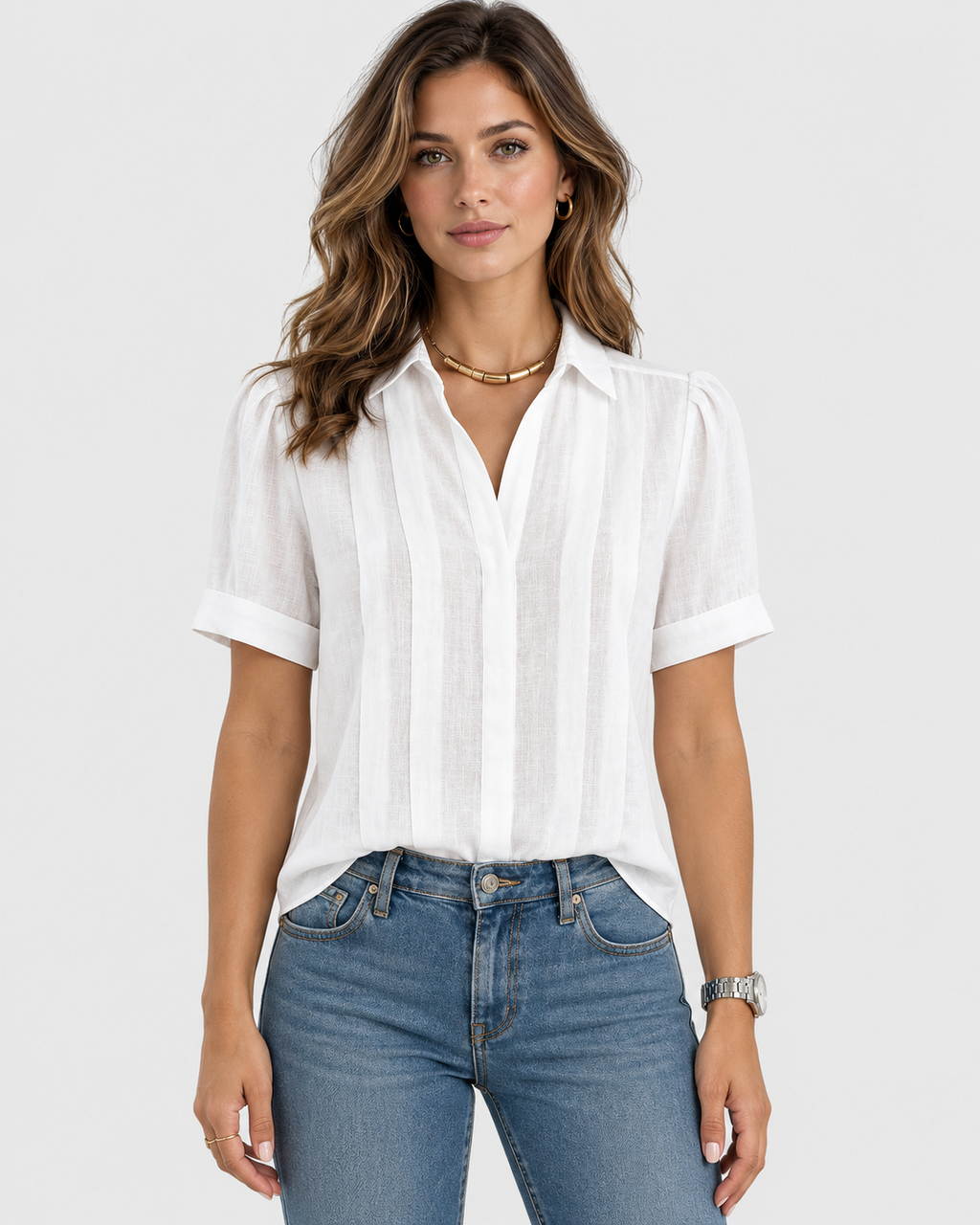 Evelyn Linen Pleated Front V-Neck Blouse