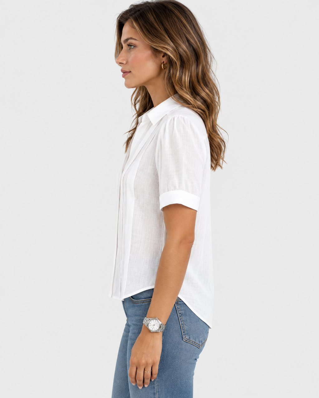 Evelyn Linen Pleated Front V-Neck Blouse
