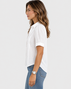 Evelyn Linen Pleated Front V-Neck Blouse