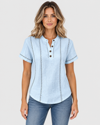 Maya Linen-Blend Button Neck Short Sleeve Top