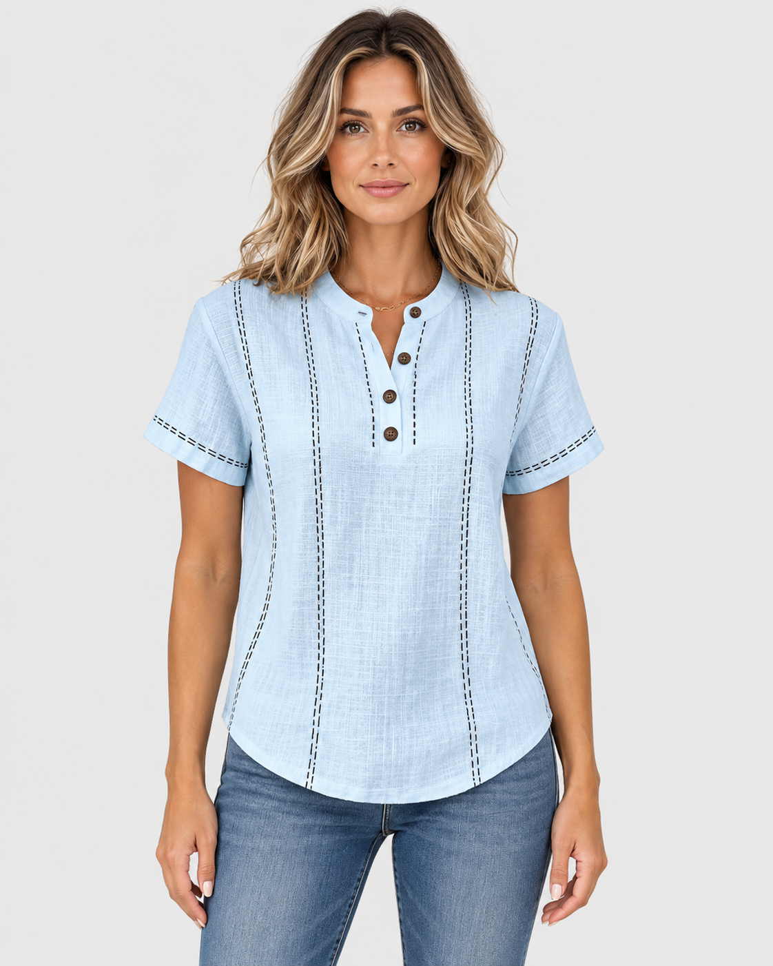 Maya Linen-Blend Button Neck Short Sleeve Top