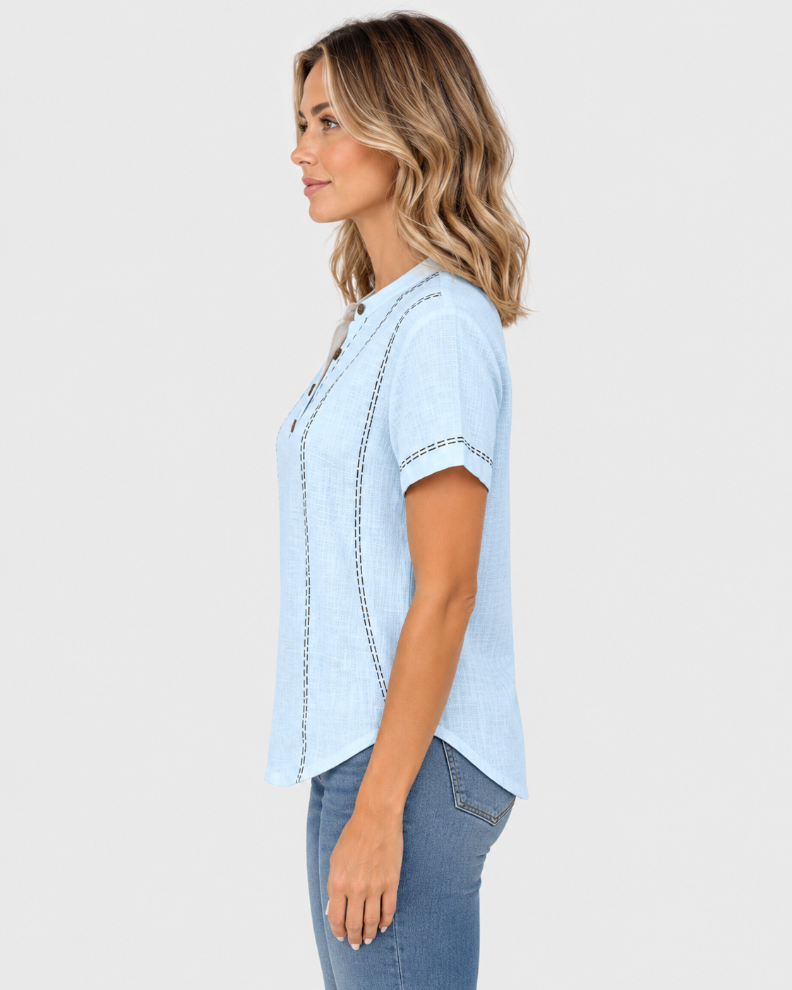 Maya Linen-Blend Button Neck Short Sleeve Top