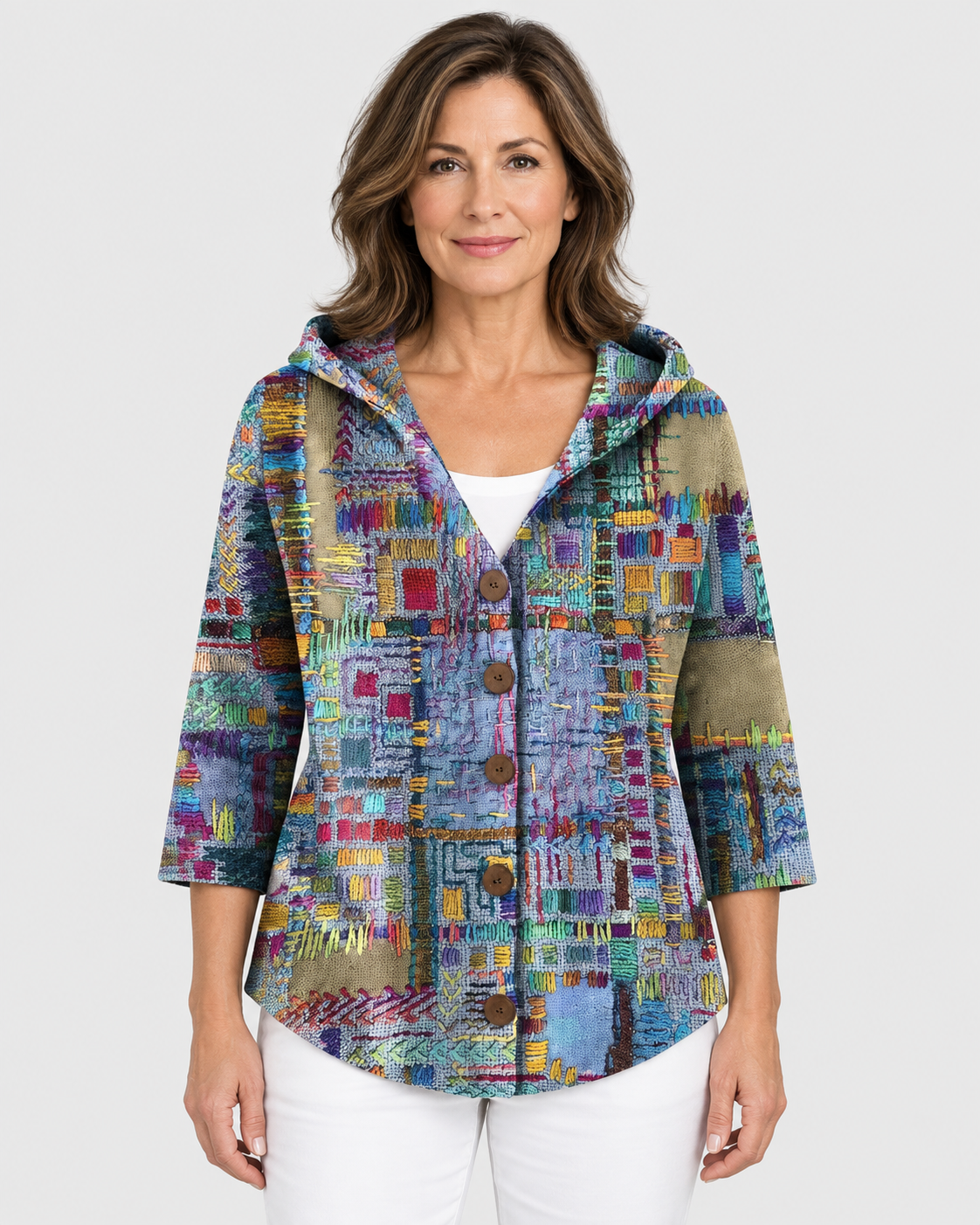 Elena Women's Printed Button-Front Hooded Knit Sweater