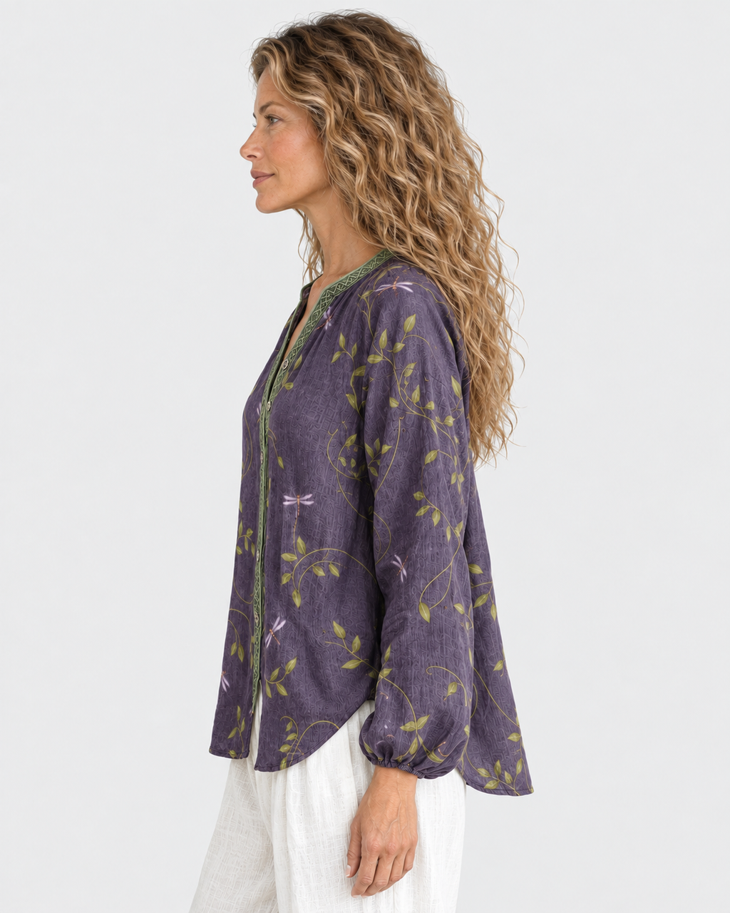 Evelyn Women's Vintage Leaf Print Long-Sleeve Shirt