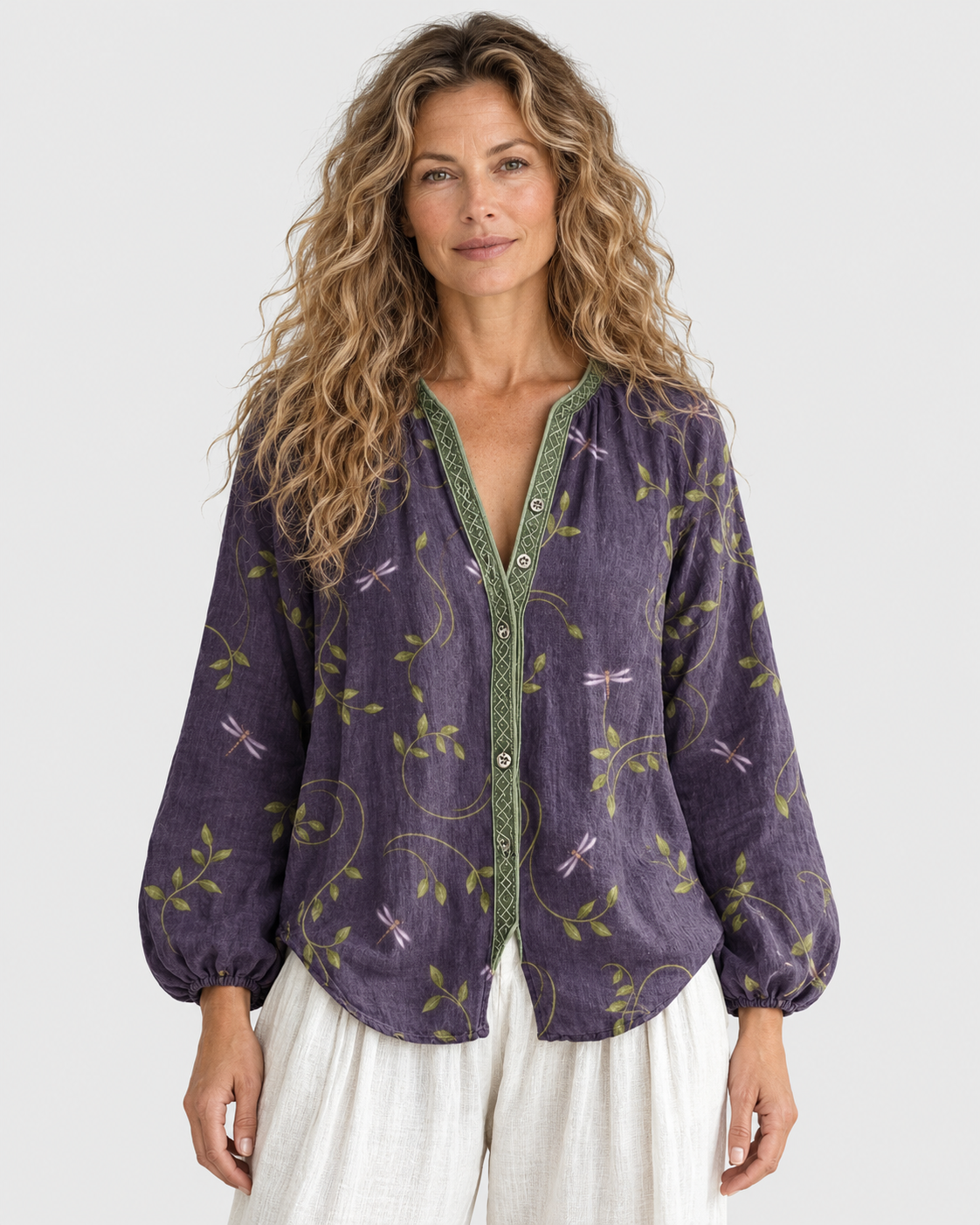 Evelyn Women's Vintage Leaf Print Long-Sleeve Shirt