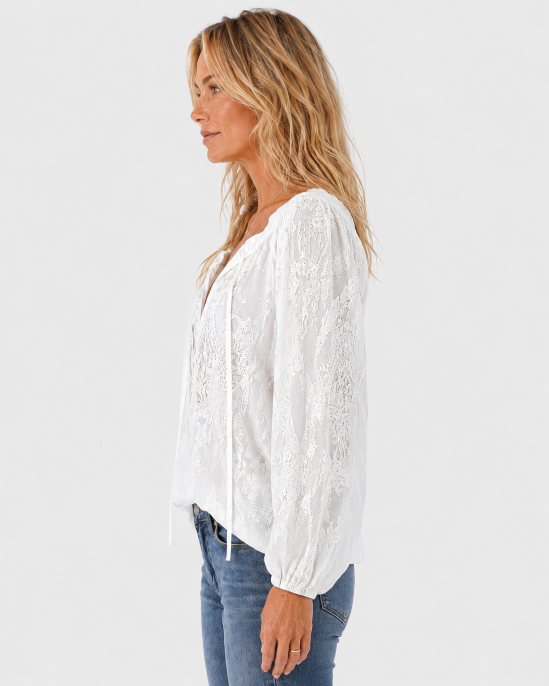 Aurelia Bohemian Lace Tie-Neck Long Sleeve Blouse