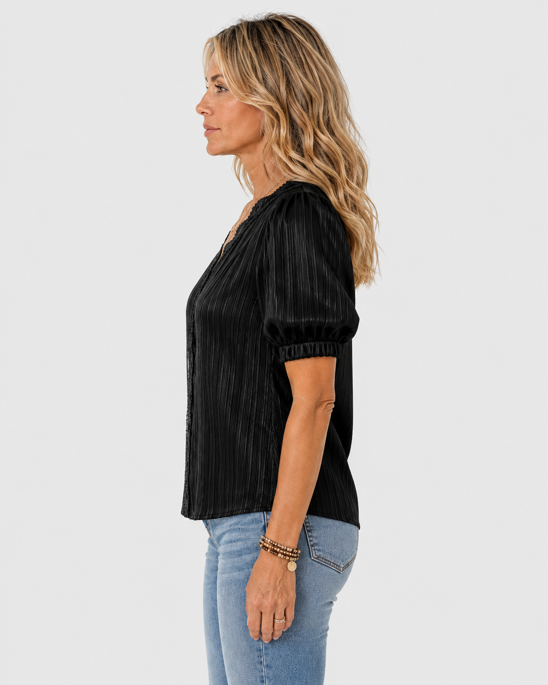 Isla Elegant V-Neck Short Sleeve Lace Splice Blouse