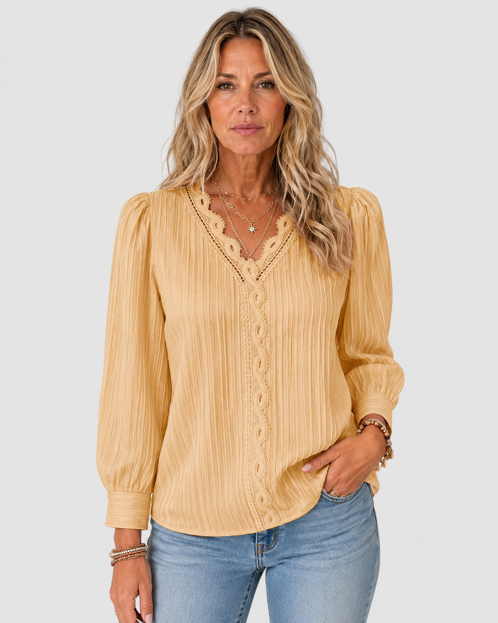 Matilda Elegant Lace-Trim V-Neck Pullover Blouse