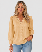 Matilda Elegant Lace-Trim V-Neck Pullover Blouse