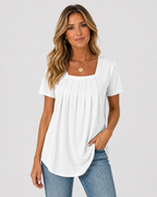 Saskia Square-Neck Pleated Short Sleeve Summer Blouse