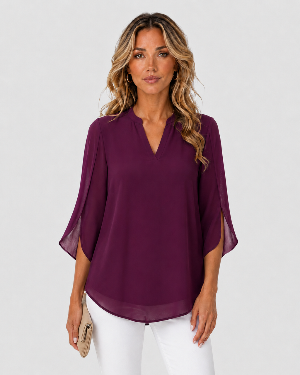 Genevieve Chiffon Layered Bell Sleeve V-Neck Blouse
