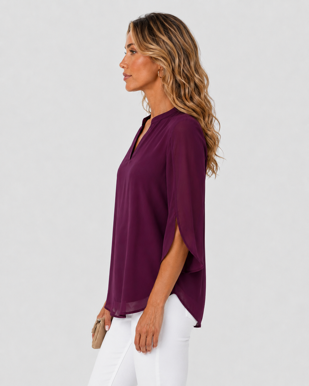 Genevieve Chiffon Layered Bell Sleeve V-Neck Blouse