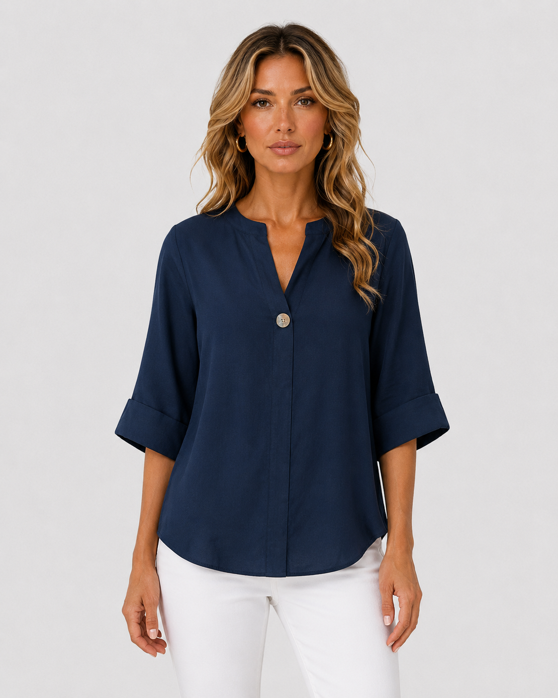 Evelyn Women's V-Neck Cotton Linen Front Knot Blouse
