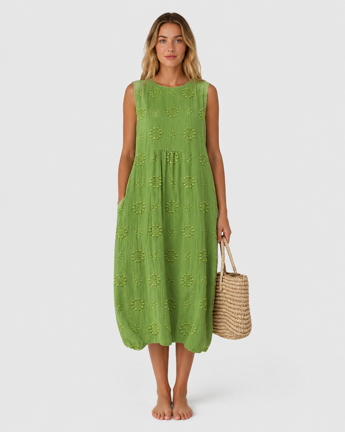 Ivy Women's Embroidered Sleeveless Midi Dress with Pockets