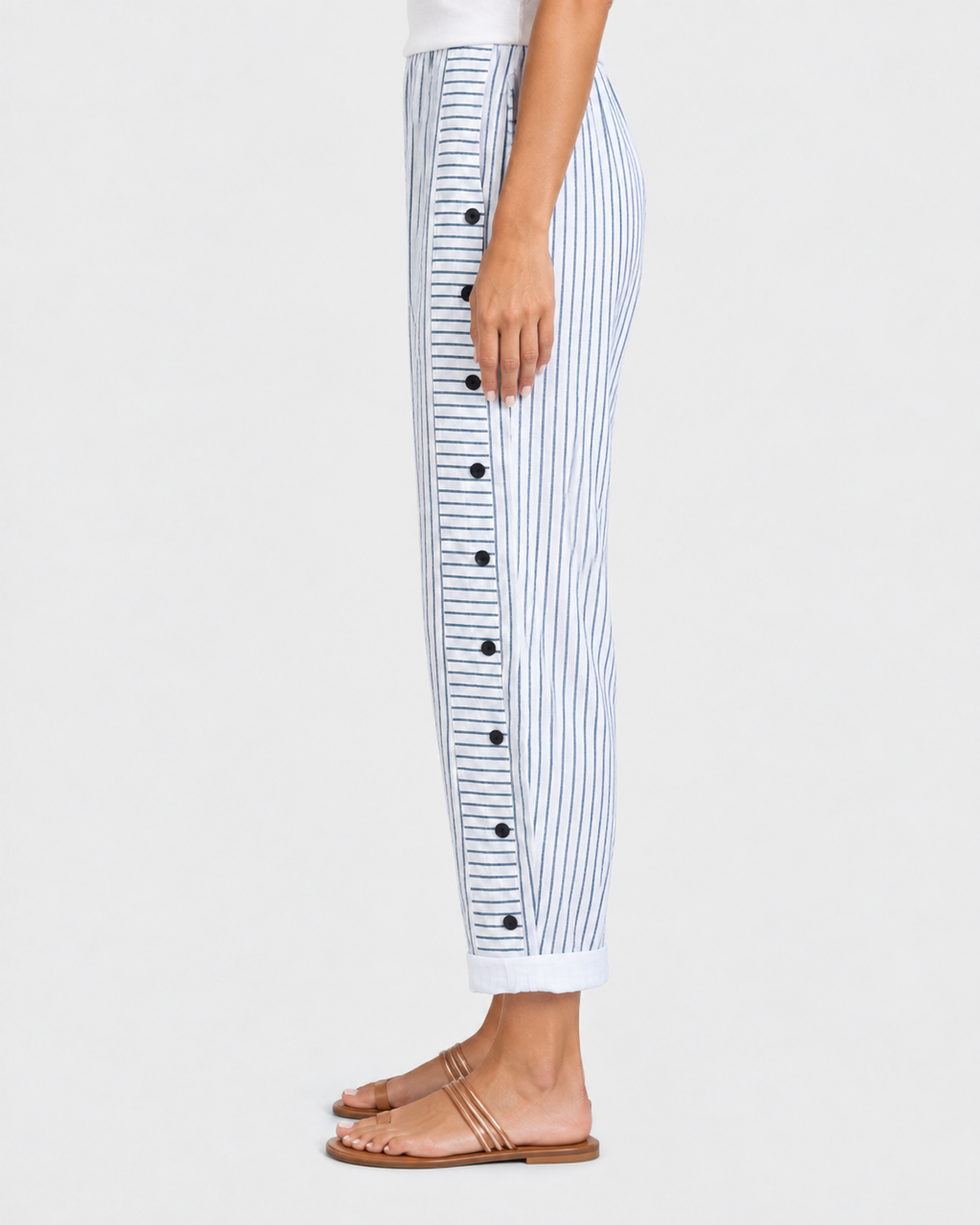 Harriet Stripe Button Side Linen Blend Trousers