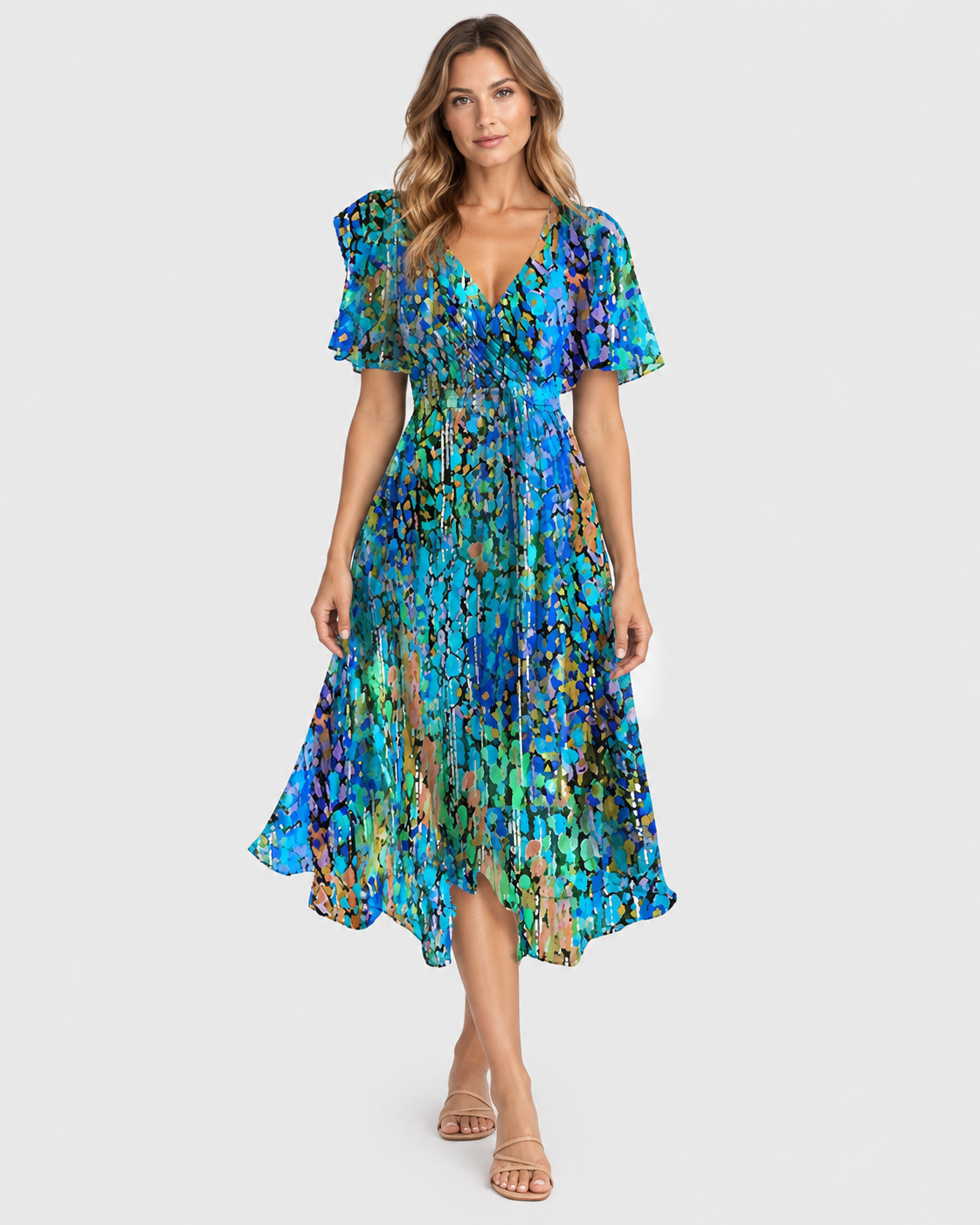 Genevieve Floral Printed Asymmetrical Midi Dress