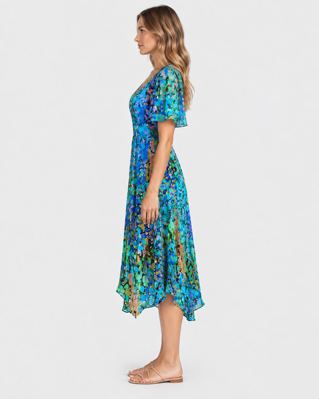 Genevieve Floral Printed Asymmetrical Midi Dress