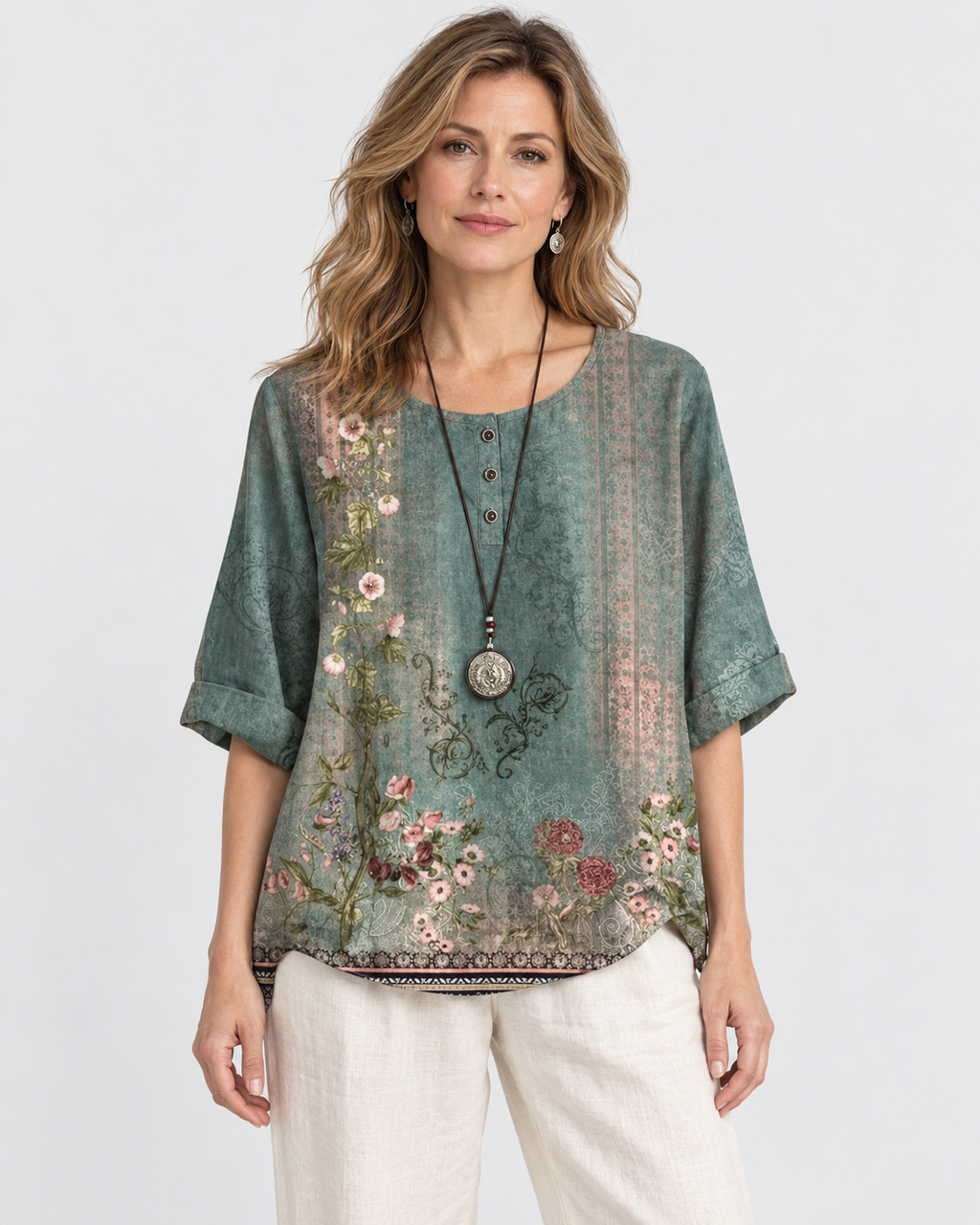 Sienna Retro Floral Print V-Neck Blouse