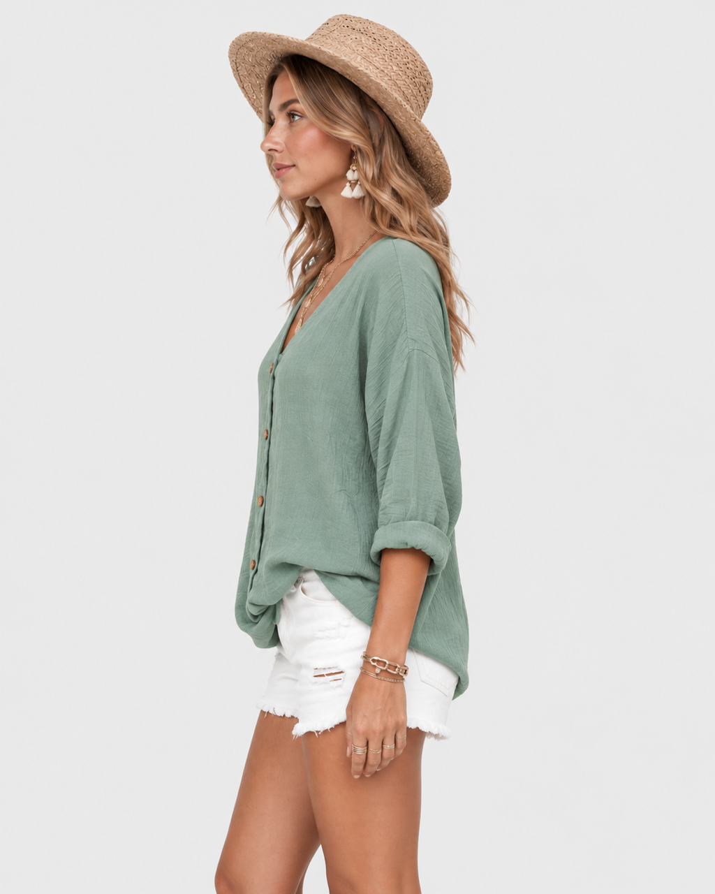 Margot Relaxed Button-Up V-Neck Blouse