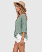 Margot Relaxed Button-Up V-Neck Blouse