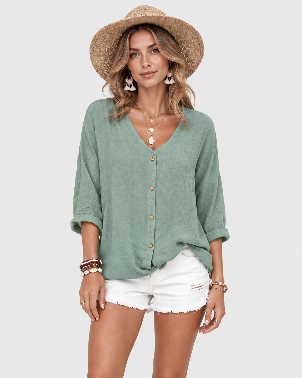 Margot Relaxed Button-Up V-Neck Blouse