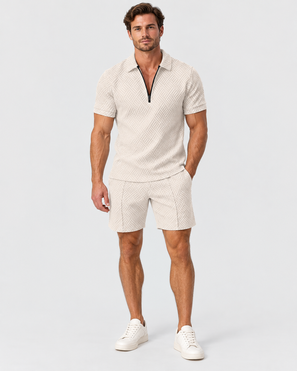 Leo Men's Casual Zip Polo & Shorts Set