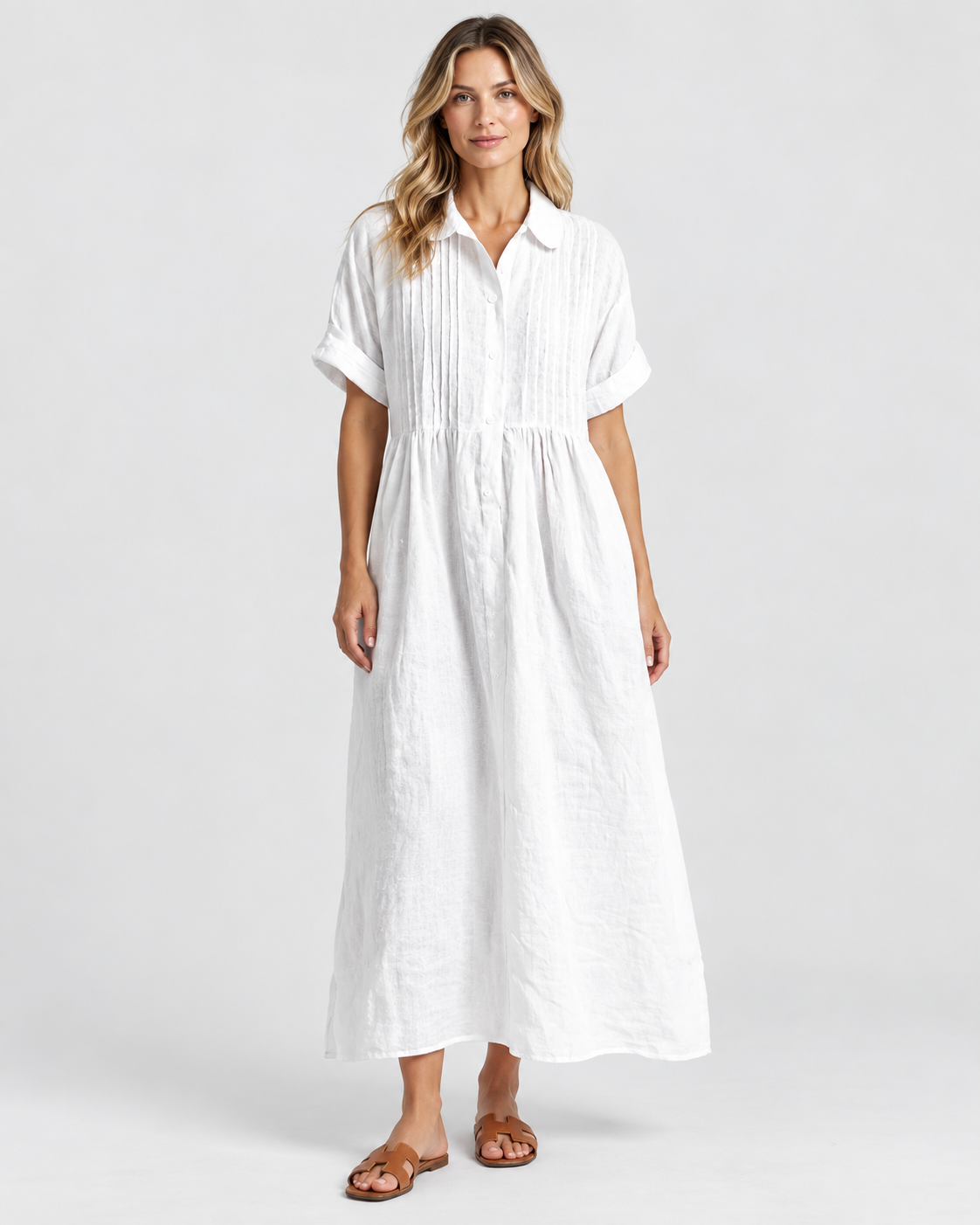 Isabella Pintuck Linen Maxi Shirt Dress