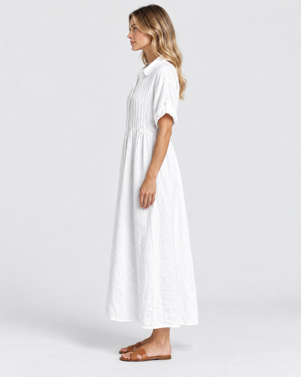 Isabella Pintuck Linen Maxi Shirt Dress