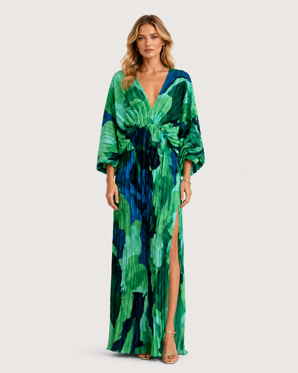 Freya Pleated Printed V-Neck Maxi Dress