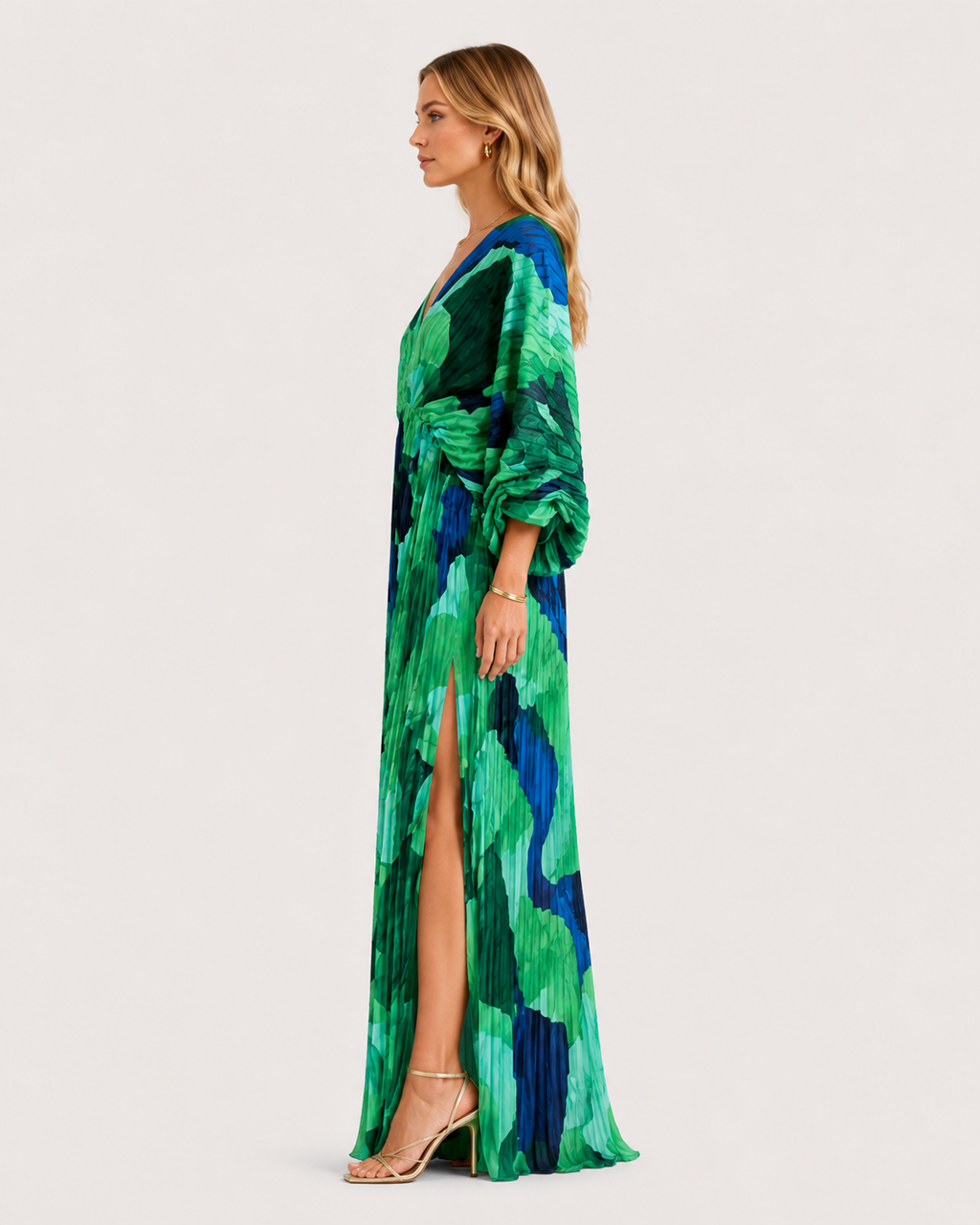 Freya Pleated Printed V-Neck Maxi Dress