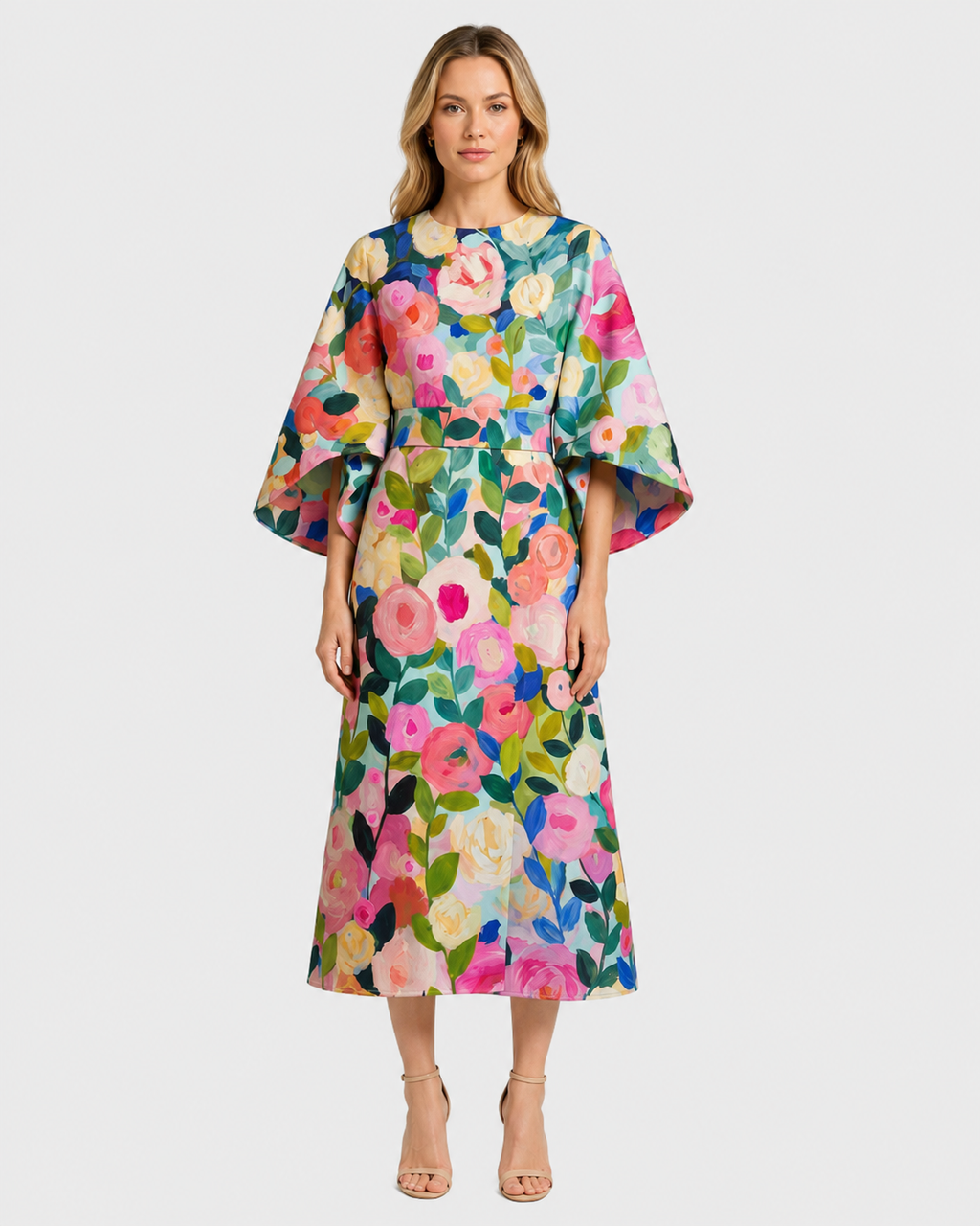 Maya Printed Wide-Sleeve Shift Midi Dress