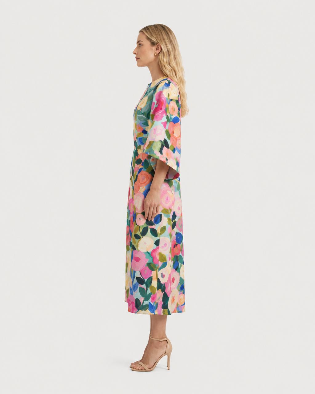 Maya Printed Wide-Sleeve Shift Midi Dress